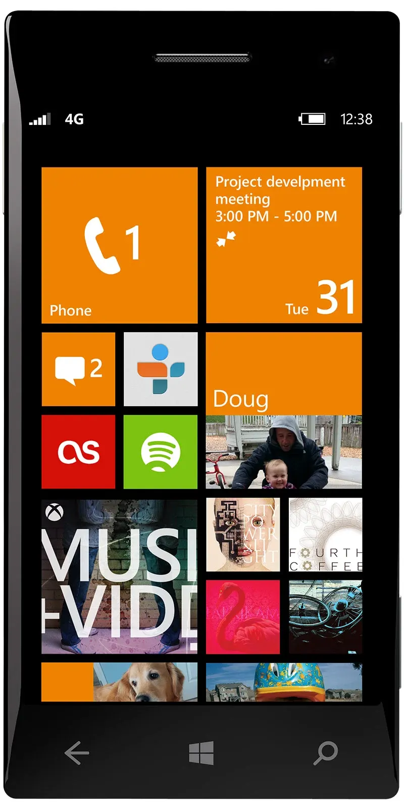 Czarny telefon z ekranem Start Windows Phone 8. Pomarańczowe kafelki telefonu, wiadomości i kalendarza sąsiadują z kafelkami Spotify, zdjęć oraz muzyki i wideo.