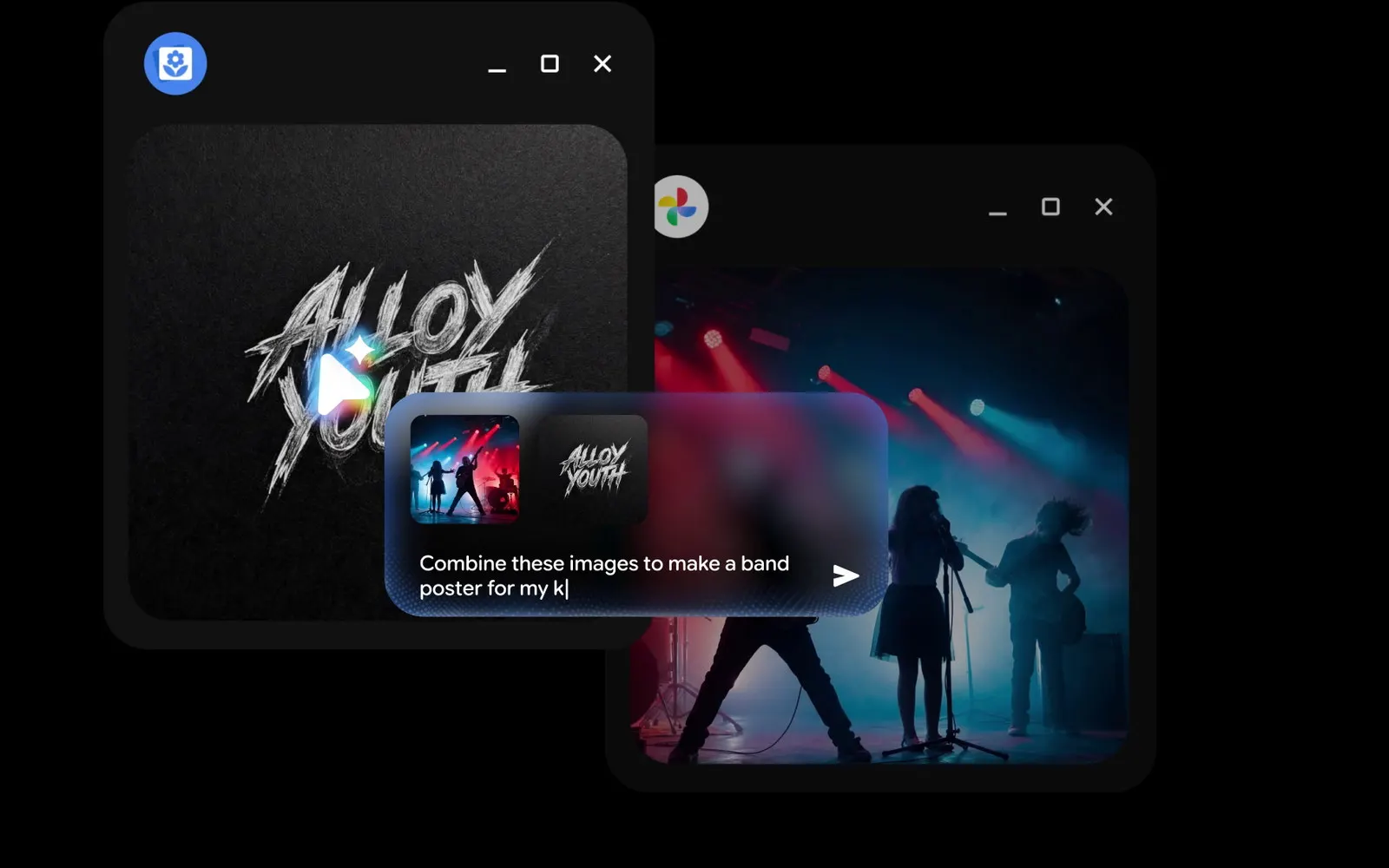 Klatka z materiału Google: dwa okna aplikacji na ciemnym pulpicie, a między nimi dymek Magic Pointera z dwiema miniaturami zdjęć i wpisywanym poleceniem.