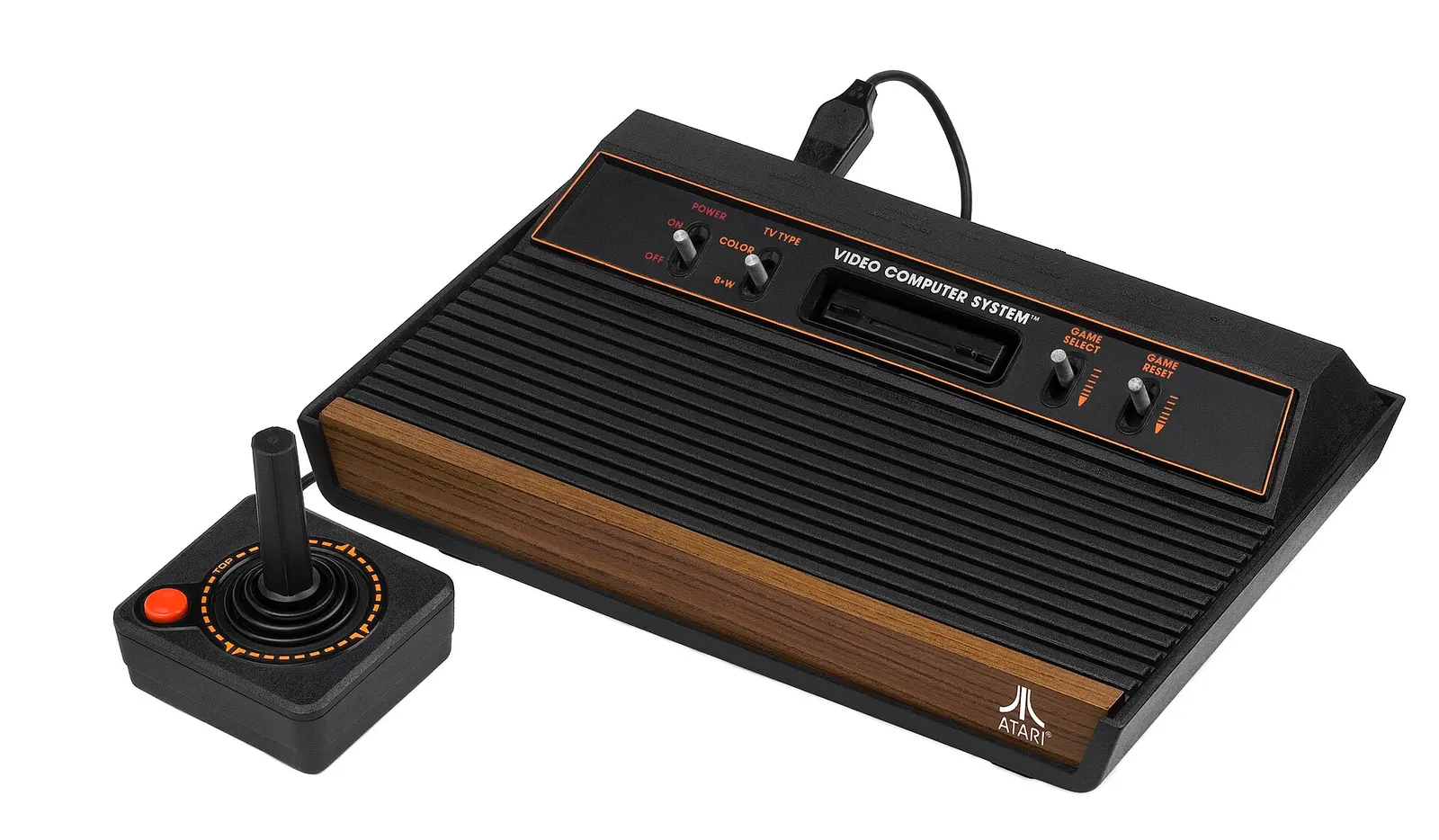 Czteroprzełącznikowe Atari 2600 z drewnopodobnym frontem i joystickiem CX40.