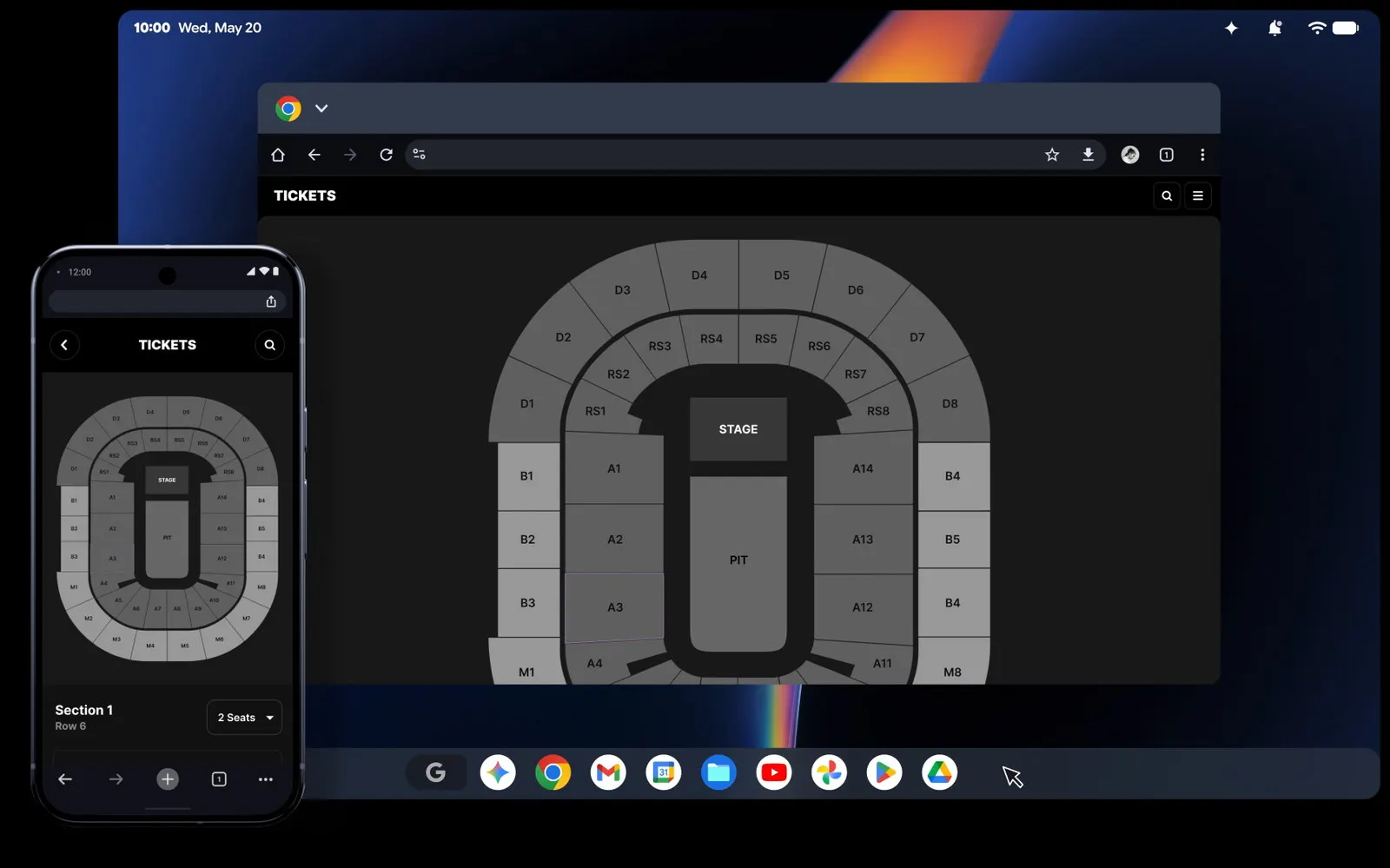 Klatka z materiału Google: telefon z Androidem stoi obok ekranu laptopa, na obu widać tę samą stronę rezerwacji biletów z mapą miejsc, na laptopie otwartą w oknie przeglądarki Chrome.