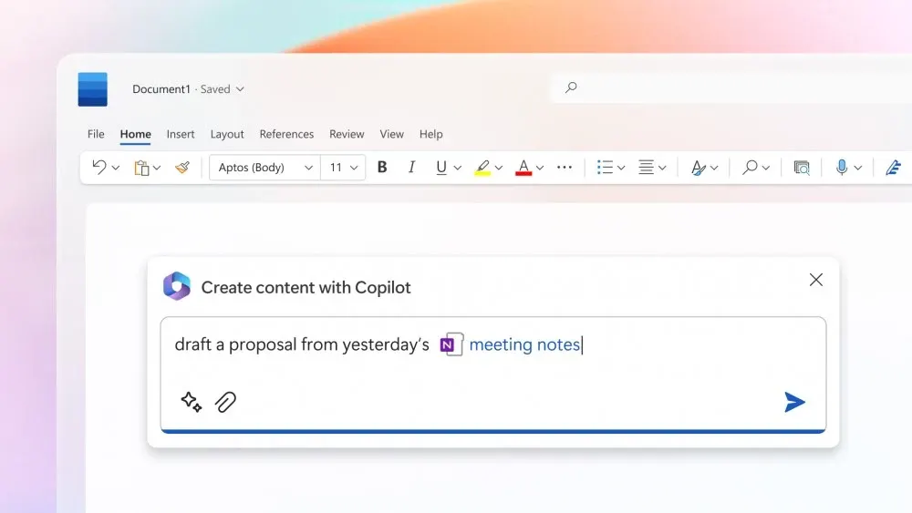 Okno Worda z paskiem narzędzi i panelem Create content with Copilot. W polu polecenia prośba po angielsku o przygotowanie propozycji na podstawie notatek ze spotkania w OneNote.